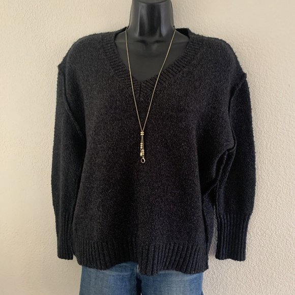 DE RIGUEUR PROVISIONS GREY V-NECK EXPOSED SEAM PULLOVER SWEATER Women's … - Picture 7 of 10